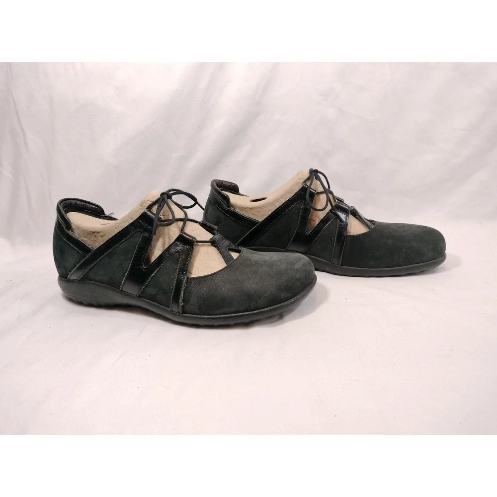 Naot Timu Black Suede Patent Leather Lace Up Ghillie Flats - Picture 1 of 5